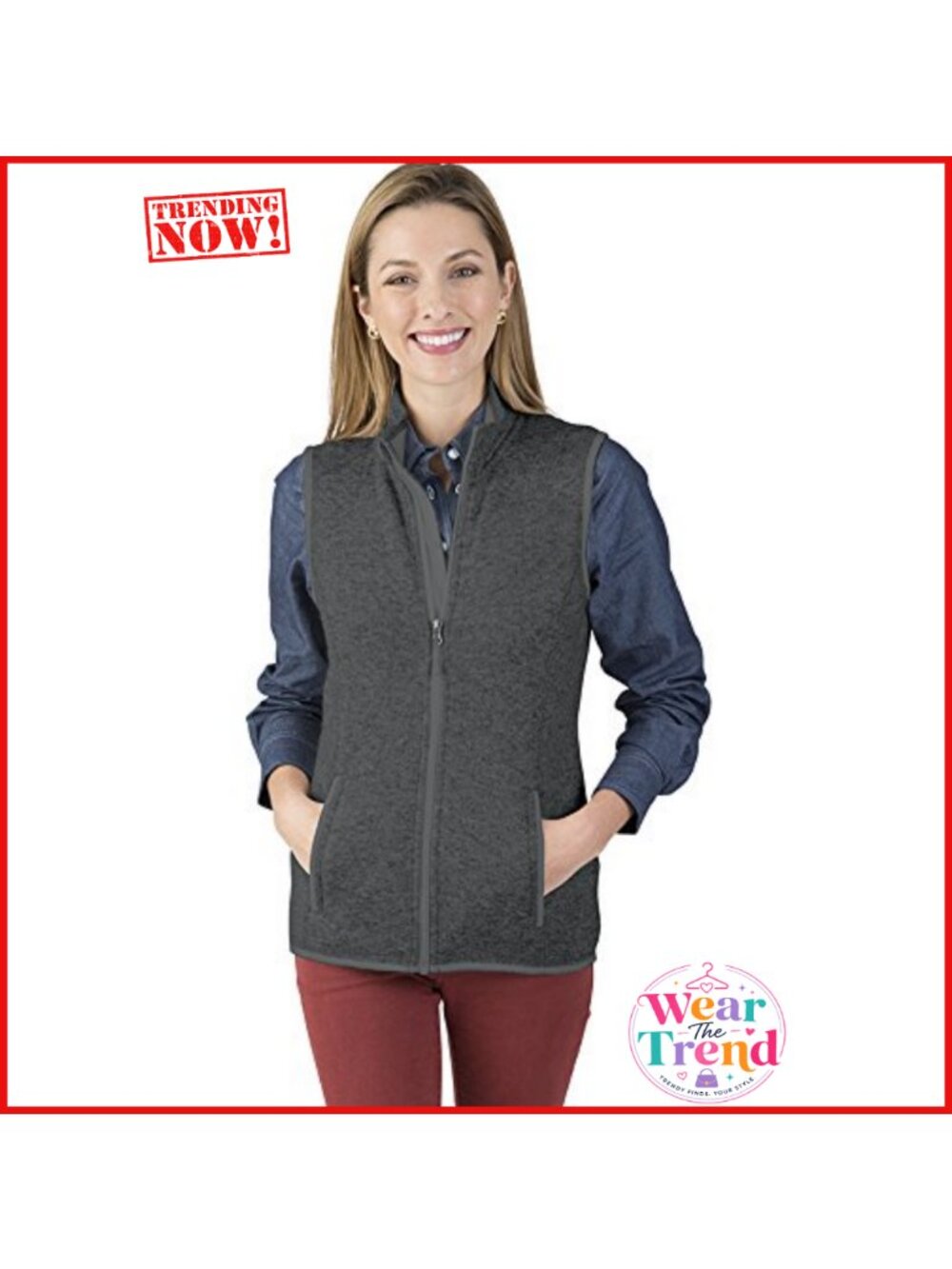 Women's Heathered Sweater Fleece Zip Vest Sleeveless Layering